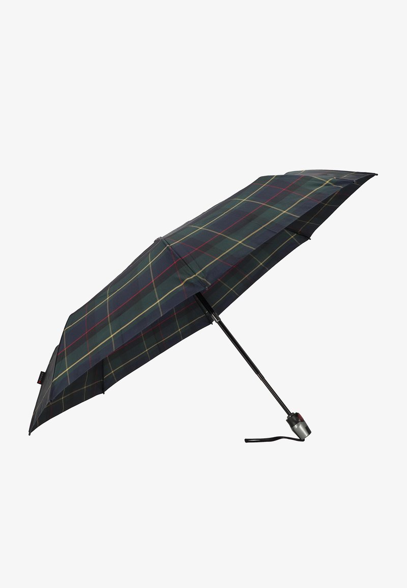 Black and dark green plaid umbrella with a slim metal shaft and a silver handle. Features a loop for easy carrying.