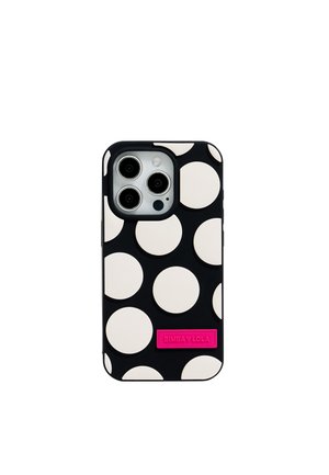Black smartphone case featuring large white polka dots, smooth texture, and a bright pink logo at the bottom. Designed for protection and style.