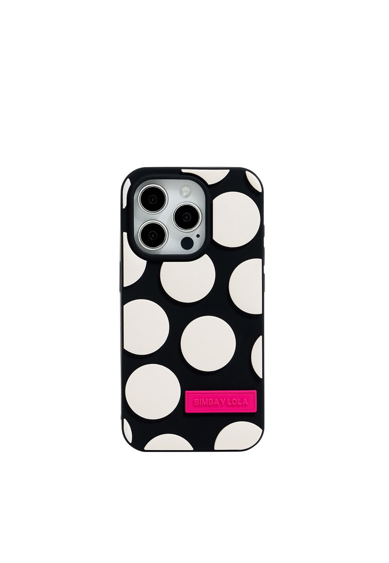 Black smartphone case featuring large white polka dots, smooth texture, and a bright pink logo at the bottom. Designed for protection and style.