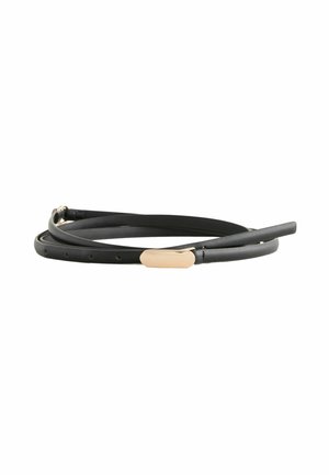 Cintura in pelle nera con un design elegante e minimalista; presenta una fibbia in metallo rosa oro liscia e diversi fori per la regolazione della misura.