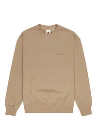 Sudadera beige de cuello redondo con puños y dobladillo acanalados. Presenta un logotipo tonal "Element" bordado en la parte frontal. Textura de tela suave.