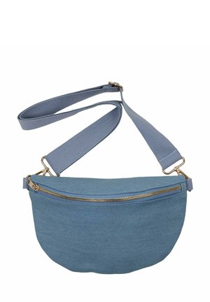 Blue fabric fanny pack with a curved shape, featuring a gold zipper, adjustable strap, and a textured finish.