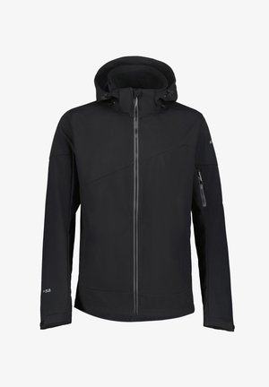 Giacca nera con cappuccio realizzata in materiale soft shell. Presenta una zip frontale, tasche laterali e un design inclinato sul petto e sulle maniche.