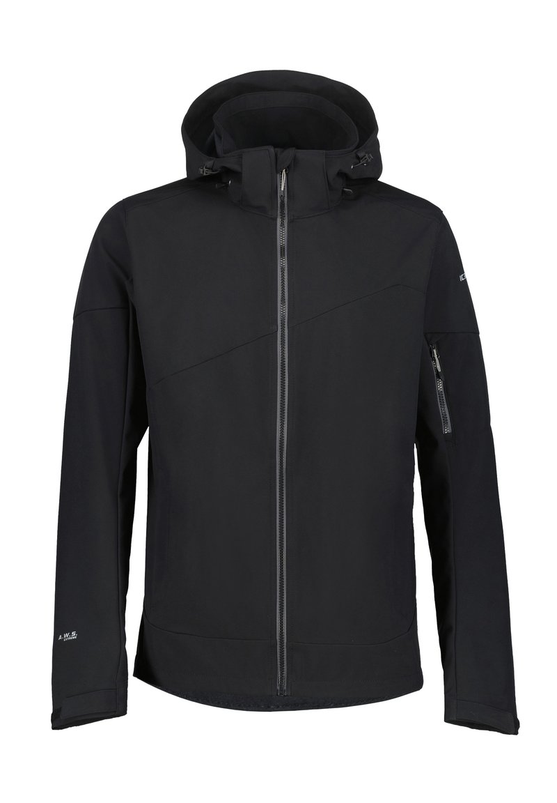 Czarna kurtka z kapturem wykonana z materiału softshell. Posiada zamek błyskawiczny z przodu, boczne kieszenie oraz ukośny wzór na klatce piersiowej i rękawach.
