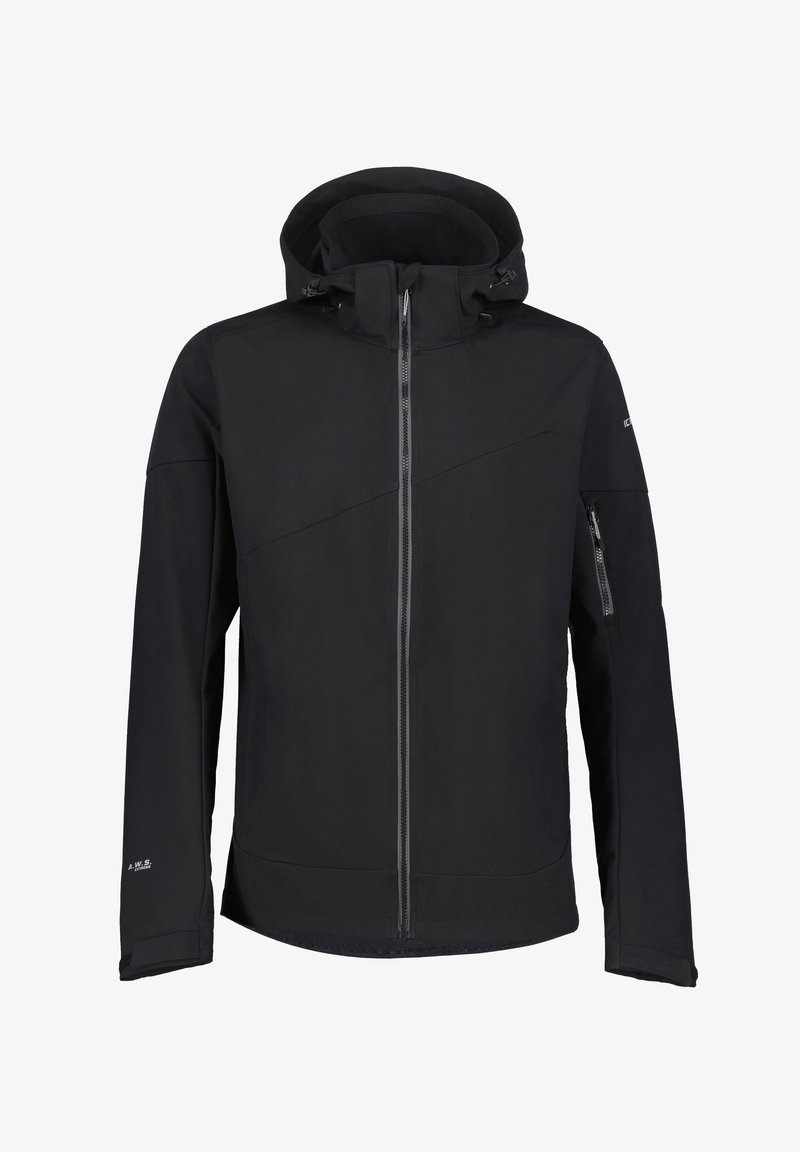 Veste à capuche noire en matériau soft shell. Elle présente une fermeture éclair à l'avant, des poches latérales et un design angulaire sur la poitrine et les manches.