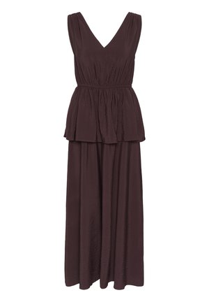 Ærmeløs mørkebrun maxikjole med V-hals, indsnævret talje og peplumdetalje på overdelen, lavet af let vævet stof.