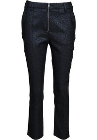 Svarta glittriga byxor med slim fit, med dragkedja fram och slät textur. Rak passform och skärning vid midjan.