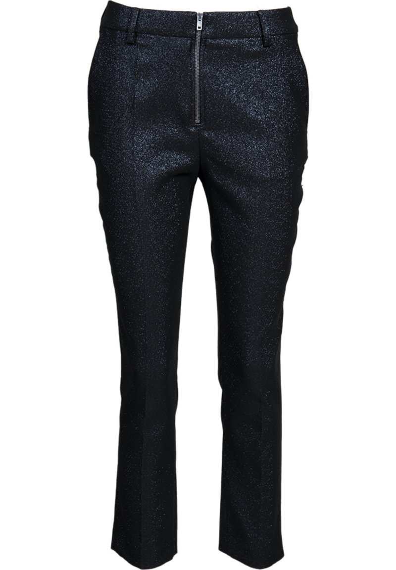 Svarta glittriga byxor med slim fit, med dragkedja fram och slät textur. Rak passform och skärning vid midjan.