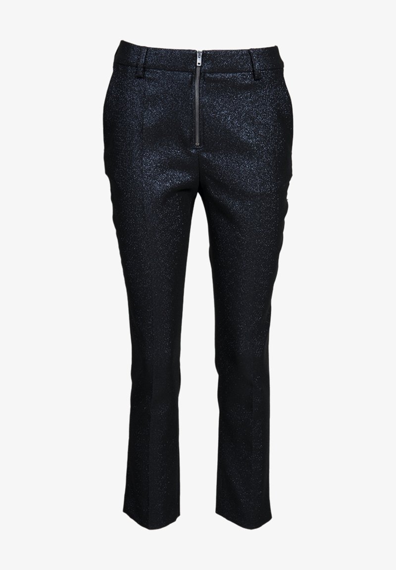 Czarne błyszczące spodnie o slim fit, z zamkiem błyskawicznym z przodu i gładką teksturą. Proste nogawki i dopasowany pasek w talii.
