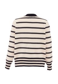 Pulover tricotat cu dungi în nuanțe de crem și negru. Dispune de un guler rotund, mâneci lungi și manșete și margine ribbate. Model texturat pe toată suprafața.
