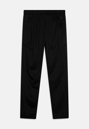 Joggers de sport noirs en tissu lisse, dotés d'une taille élastique, de poches zippées et d'un détail de logo subtil.