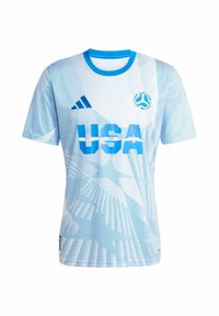 Modrá a bílá fotbalová dres s krátkým rukávem z prodyšného materiálu, tečkovaný vzor, "USA" tištěno výrazně modře a logo adidas na levé straně hrudi.