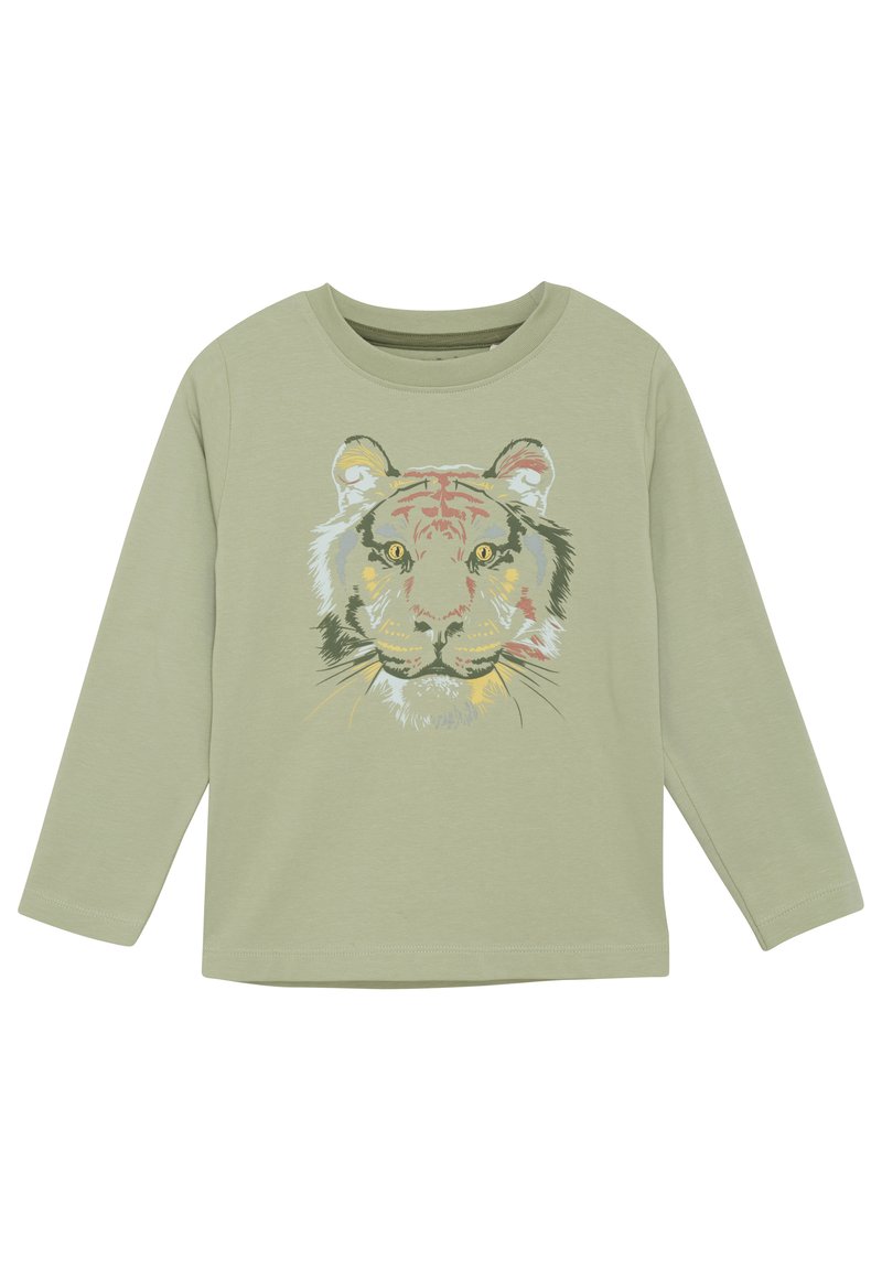 Langärmliges grünes Hemd mit einem detaillierten Tigerkopf-Print in Orange-, Gelb- und Schwarztönen, abgerundetem Ausschnitt und weichem Stoff.