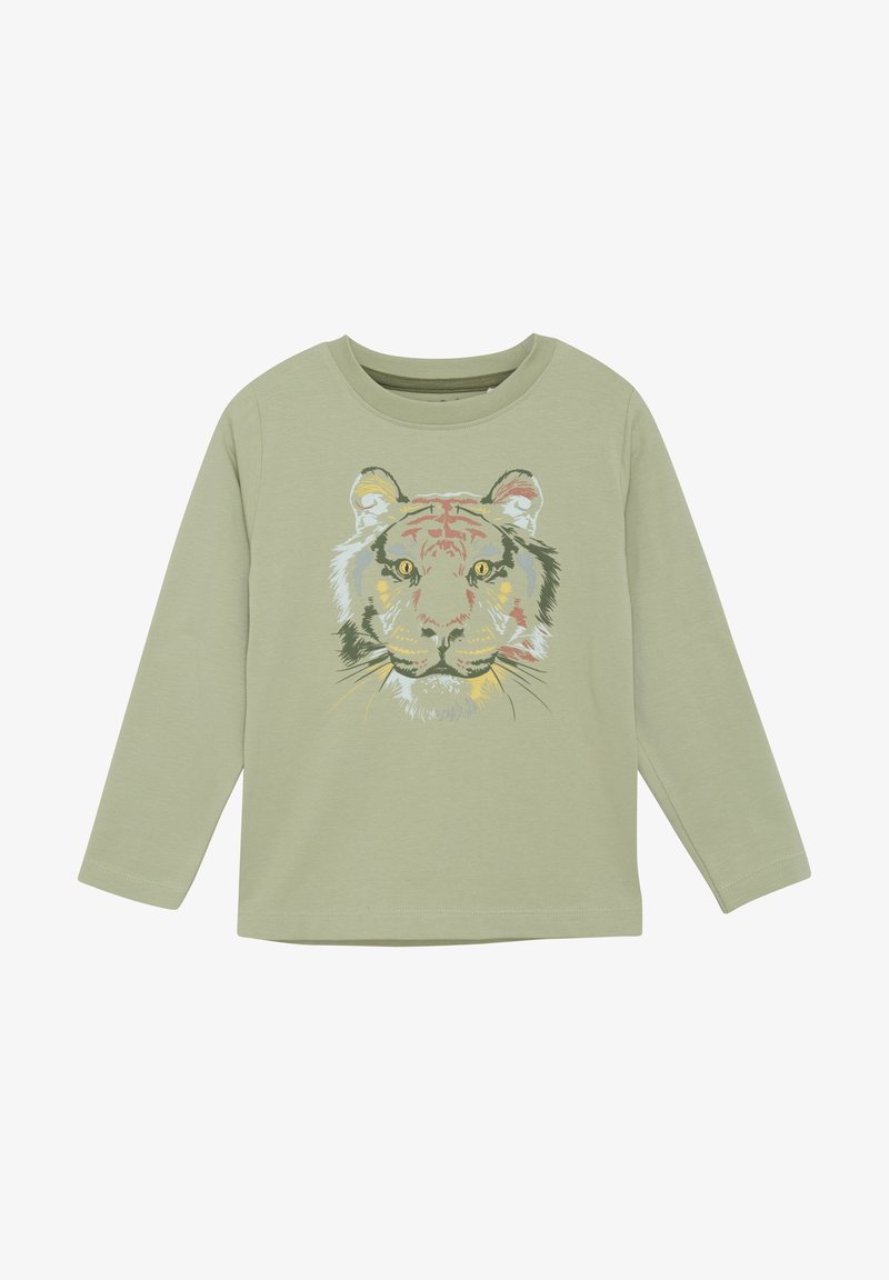 Langermet grønn skjorte med et detaljert tigeransiktstrykk i nyanser av oransje, gult og svart, med rund hals og myk tekstur.