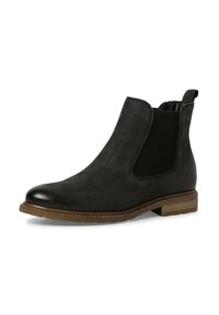 Svart Chelsea-stövlett i slät mocka med texturerade elastiska sidopaneler, rund tå och låg träklack.