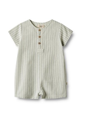 Paski kombinezon w jasnym zielonym i kremowym kolorze, z krótkimi rękawami, dekoltem Henley, trzema drewnianymi guzikami oraz zapięciem na zatrzask na dole.