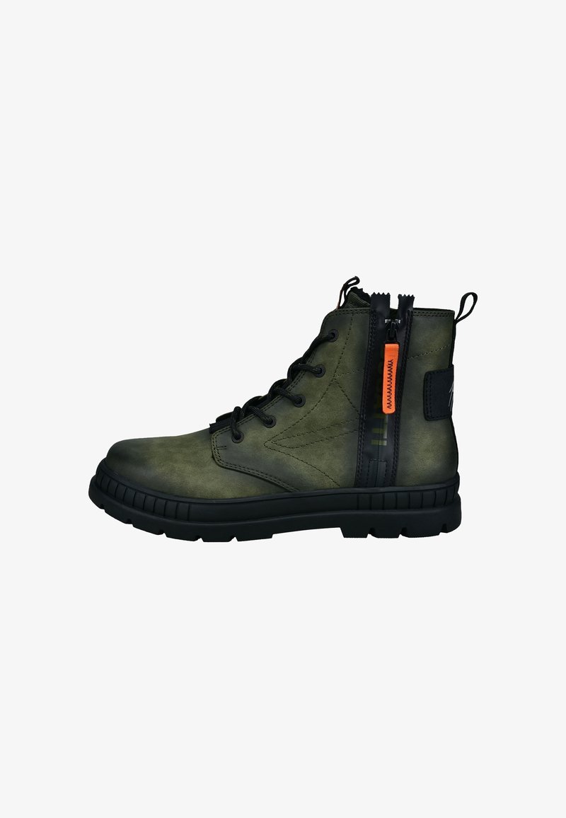 Bottine montante à lacets vert olive avec semelle noire, fermeture éclair latérale et tirette orange.