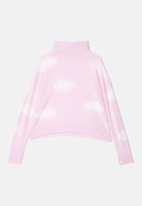 Rosa Pullover mit Rollkragen, ausgestattet mit weißen Wolkenmustern, gerippten Bündchen und Saum. Weicher Stoff, verkürztes Design, lässige Passform.