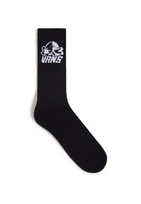 Schwarze Baumwollsocke mit geripptem Muster, auf der oberen Teil mit einem weißen Vans-Logo und grafischem Design. Standard Crew-Länge.