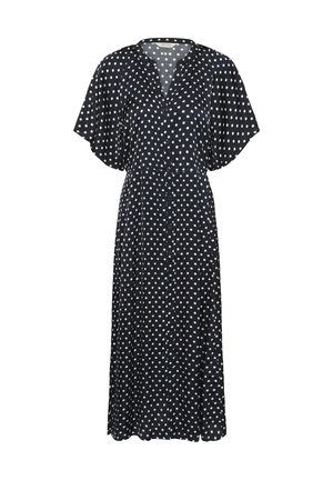 Vestido midi azul marino con botones al frente, lunares blancos, mangas cortas estilo mariposa y un ligero cuello en V.