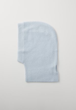 Light blue knit balaclava with a ribbed texture, rounded top, and a side opening for face coverage. Soft and stretchy material.