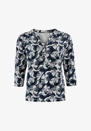 Marinebluse mit weißem Blumenmuster, 3/4-Ärmeln, V-Ausschnitt und Knopfdetails. Hergestellt aus weichem, leichtem Material.
