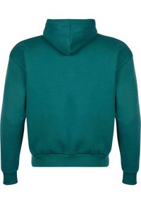 Hoodie en coton teal avec une capuche à cordon, des poignets et un ourlet côtelés. Le tissu montre une texture lisse, avec des détails minimaux au dos.