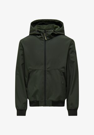 Hooded jacket in dark green, made of smooth fabric. Features a front zipper, two side zippered pockets, and ribbed cuffs and hem.