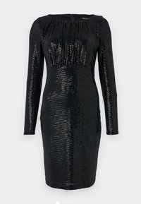 Robe de soirée noire à manches longues, silhouette ajustée, et surface texturée en sequins. Présente des détails froncés au niveau du décolleté et une fermeture éclaire au dos.