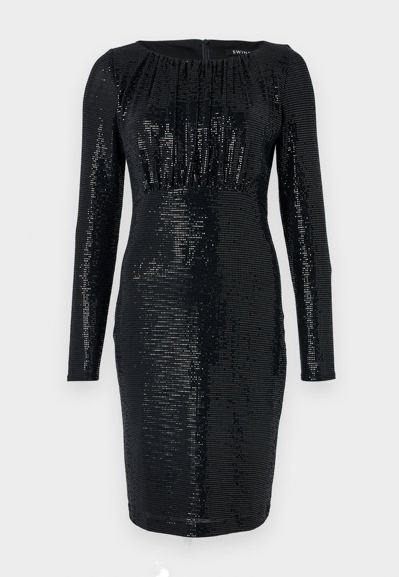 Czarna wieczorowa sukienka z długimi rękawami, dopasowana sylwetka i fakturowana powierzchnia z cekinami. Posiada marszczone detale przy dekolcie oraz zamek z tyłu.