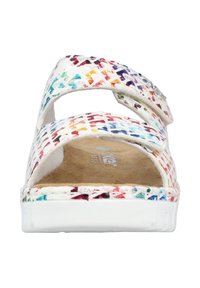 Colorful, woven sandals with two adjustable straps, a white sole, and a suede-like interior. Notable multi-color pattern on the upper.