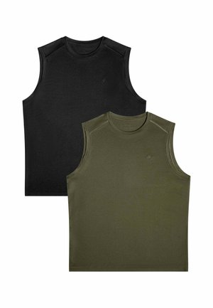 Dos camisetas deportivas sin mangas con cuello redondo, una negra y una verde oliva, colocadas planas y superpuestas sobre un fondo blanco.