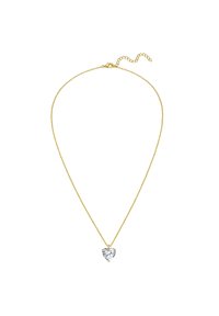 Aukso atspalvio kaklo papuošalas su širdies formos skaidriu brangakmeniu, pritvirtintas prie delikaus grandinėlės su reguliuojamu užsegimu.