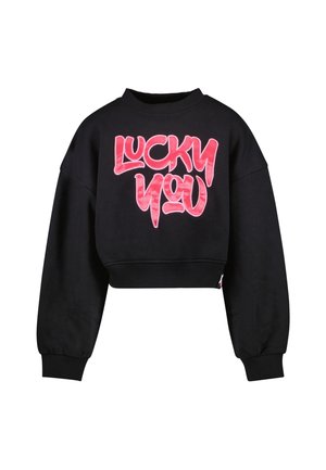 Zwarte cropped sweatshirt met lange mouwen, met een grote roze "LUCKY YOU" graphic aan de voorkant. Gemaakt van een zachte, gestructureerde stof.