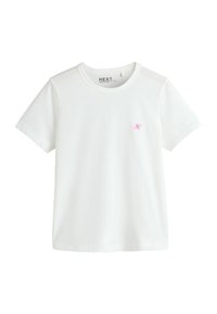 Bijela majica s kratkim rukavima i okruglim izrezom, s malim ružičastim vezanim logotipom na lijevoj strani prsa, jednobojni dizajn, iz NEXT Essentials kolekcije.
