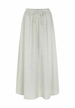 Ribakujuline midi seelik, millel on elastne talje ja nööridega, esitades vertikaalseid rohelisi ja valgeid triibusid ning voolavat siluetti.