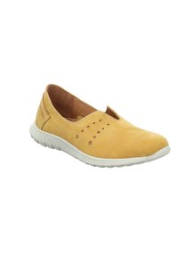 Gelbe Leder-Slipper mit strukturiertem Finish, dekorativen Perforationen, weitem Einstieg für einfaches An- und Ausziehen und einer weißen Gummisohle.