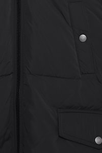 Black puffer jacket fabric with smooth texture. Front zipper and a pocket with silver snap closure. Minimalist design, monochromatic look.