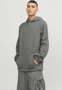 Grijze hoodie van zachte stof, met een voorzak, een capuchon met trekkoorden en geribde manchetten. Minimalistisch ontwerp met subtiele branding.