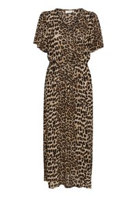 Robe longue à imprimé léopard avec manches courtes, taille cintrée et silhouette fluide. Le tissu présente une texture douce et légère.