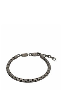 Bracciale in metallo scuro con un design misto di anelli piatti e rotondi, dotato di chiusura e catena regolabile per personalizzare la misura.