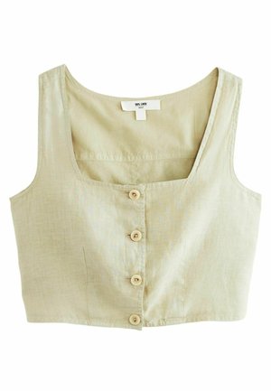 Linnen crop top in lichtgroen met een vierkante halslijn, voorzien van vijf knopen aan de voorkant en een licht gestructureerde stof. Mouwloos.