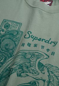 Lichtgroen katoenen T-shirt met donkergroene print. Voorzien van de tekst "Superdry", ingewikkelde golf- en vogelontwerpen en een handelsmerkembleem.
