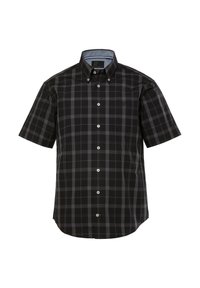 Camicia a maniche corte scozzese in nero e grigio, realizzata in cotone, con colletto alla coreana e taschino sul petto, bottoni bianchi e una trama liscia.