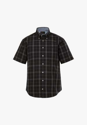 Koszula w kratę z krótkim rękawem w kolorze czarnym i szarym, wykonana z bawełny, z kołnierzykiem zapinanym na guziki i kieszonką na piersi, z białymi guzikami i gładką teksturą.