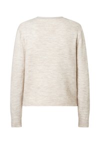 Pull beige clair avec un tissu doux et texturé, col rond et poignets côtelés. Le design est minimaliste avec une silhouette courte.