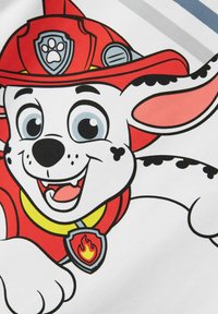 Feuerwehrhund-Grafik auf weißem Stoff. Mit rotem Hut, gelber Halsband und grauen Akzenten. Cartoon-Stil mit kräftigen Konturen und lächelndem Ausdruck.