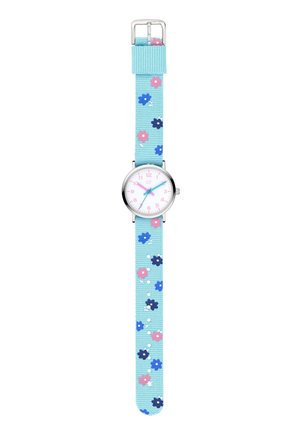 Uhr mit einem runden silbernen Gehäuse, weißem Zifferblatt und hellrosa Ziffern. Das Armband ist aus blauer Stoff mit floralem Muster in Pink und Dunkelblau.
