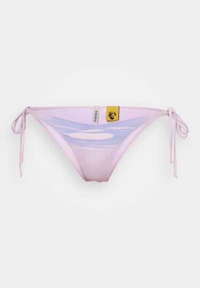 Pink bikini bottom with adjustable side ties, featuring a smooth texture and a subtle gradient design, incorporating branding patch on the front.