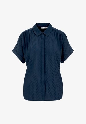Rövid ujjú, galléros blúz sötét tengerészkék színben, texturált anyaggal, finoman pöttyös mintával és laza szabással.